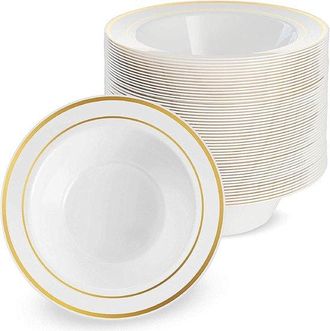 OEM 25 Cuencos De Pl&aacute;stico Blanco Con Borde Dorado (360 Ml) Para Bodas, Cumplea&ntilde;os, Bautizos, Navidad Y Fiestas - Resistentes Y Reutilizables