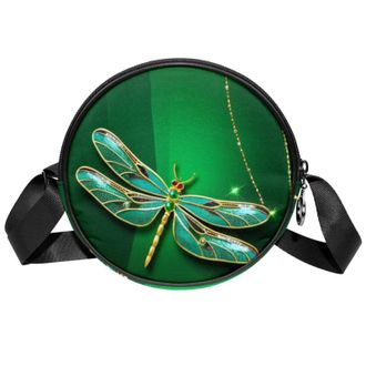 Generic Circle Crossbody Bag for Women, Green Dragonfly Small Sling Bag Daypack with Zipper Adjustable Shoulder Straps Casual Ladies Girls Round Purse