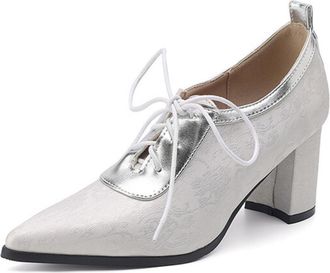 Generic Womens Pointed Toe Pumps Textured Fabric Lace-Up Block Heel Contrast Panel Cushioned Insole Anti-Slip Durable Sole Comfortable Fit,White,3.5 UK