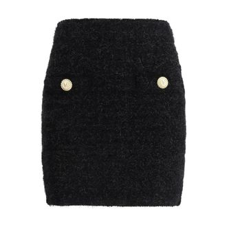 Balmain Short Skirts, female, Black, Size: M Lurex Knit Miniskirt Lion Head Buttons