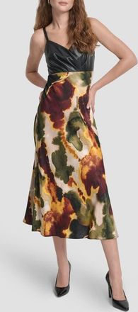 DKNY Faux Leather Mixed Media Midi Dress in Ink Diffusion at Nordstrom, Size 16