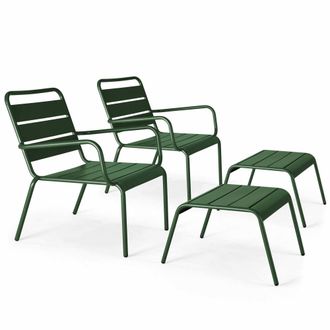 Oviala Lote de 2 sillones reclinables con reposapi&eacute;s de metal verde bosque