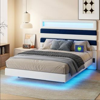 OEM Cama Doble 140x190 Cm Dise&ntilde;o En Terciopelo Con Leds Rgb Y Cargador Usb Cabecera Luminoso Moderno