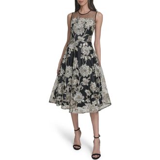 Eliza J Embroidered Floral Cocktail Midi Dress in Black Champa at Nordstrom, Size 10P