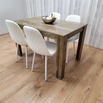 Kosy Koala Rustic Effect Wooden Dining Table Set with 4 white Gem Pattern Chairs Dining Room Furniture in Brown
