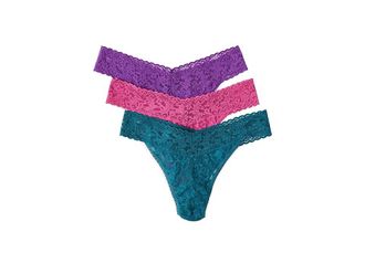 Hanky Panky Signature Lace(r) Original Rise Thongs 3-Pack Womens Underwear Intuition Pink/Riviera Blue/Twilight Purple, Nylon