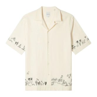 Paul Smith Short Sleeve Shirts, male, Beige, Size: S Viscose-Linen Embroidered Shirt