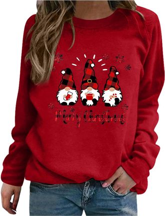 Generic Christmas Jumpers For Women Elf Shirts Funny Gnome Doll Print Pullover Cute Long Sleeve Crewneck Hoodies Ladies Christmas Sweatshirt Tops Xmas Loose P
