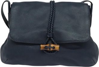 Gucci Hip Bamboo Flap Leather Blue Leather Handbag (Pre-Owned)