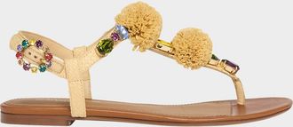 Dolce & Gabbana Raffia Pom Pom Gem Thong Sandals