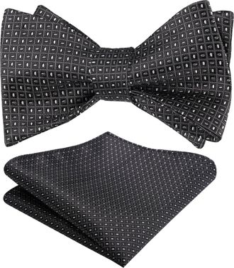 Alizeal Mens Self Tied Regular Plaid Dot Bow Tie and Pocket Square Set, Black+White