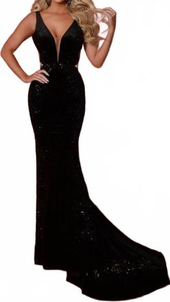 Johnathan Kayne Sequin Embroidered V-Neck Evening Dress In Black