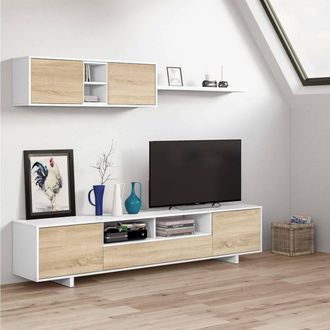 Dmora Dmora Pared Equipada Hartford, Mueble De Tv Para Sal&oacute;n, Composici&oacute;n Del Juego De Sala, Juego De Sal&oacute;n Con Mueble Alto, Cm 260x41h46, Blanco Brillo Y R