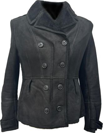 Burberry Burberry Brit Chedleigh Double-Breasted Shearling Jacket in Black Leather