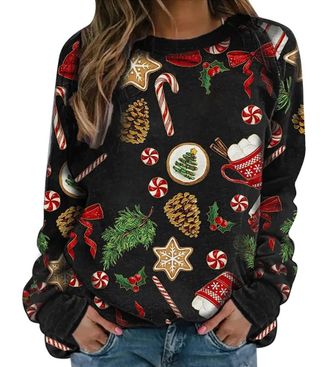 ORANDESIGNE Felpe Senza Cappuccio da Donna Felpa Natale Christmas Funny Girocollo Stampa Natalizia Pullover Manica Lunga Casual Maglietta Tops Ragazze Autunno Inv