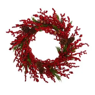 Nearly Natural 34-in Cypress Artificial Wreath with Berries and Pine Cones in Red at Nordstrom