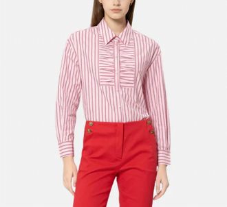 Luisa Cerano Striped Ruffle Front Blouse In Pink