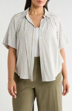 Max Studio Stripe Bubble Sleeve Button-Up Shirt in Ivory/Olive Tipping Stripe at Nordstrom Rack, Size 1X