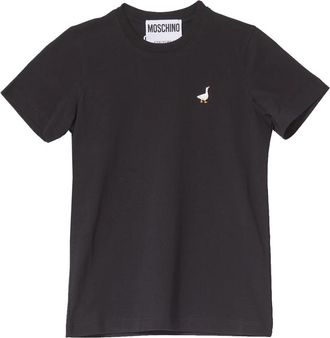 Moschino Zwarte Eend Geborduurd T-shirt met Korte Mouwen - Dames - T-shirts - Zwart - M - Katoen - Tops