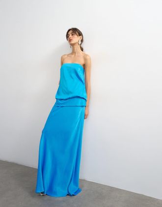 Topshop vestito maxi in satin con vita bassa e top a fascia blu
