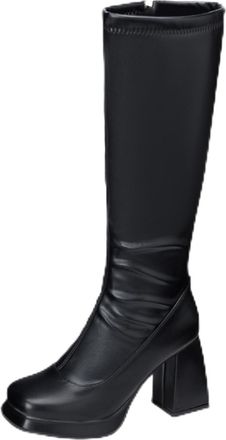 Generic Women Knee High Metallic PU Leather Round Toe Fashion Boots Platform Block Heels Side Zip Glossy Solid Color Comfortable Durable,Black,6.5 UK