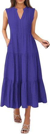 Generic Maxi Dresses for Women UK Ladies Party Dress Summer High Waist V-Neck Pleated Short Sleeve Dresses - Holiday Vacation Sundress Purple
