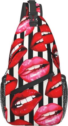 Generic Red Nice Lips Black White Stripes Sling Bag Anti Theft Chest Bag Lightweight Daypack For Outdoors Camping Casual
