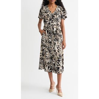 Kasper Print Flutter Sleeve Midi Dress in Black Multi at Nordstrom, Size 18