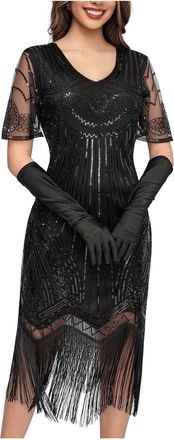 Generic Womens Flapper Dresses 1920s Vintage Sequin Fringe Dress Ladies Elegant Tassels Hem Flapper Cocktail Dress Womens Formal Round Neck Short Sleeve Eveni