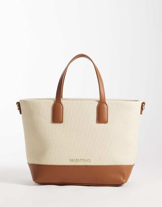 Valentino Atena Re - Borsa shopping grande con manico e tracolla color crema e cuoio-Marrone