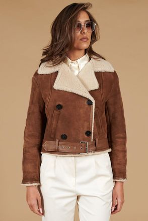 D'Arienzo Chiodo in montone scamosciato color cuoio con cintura e bottoni DArienzo, Seleziona Taglia XL, Colore Cuoio