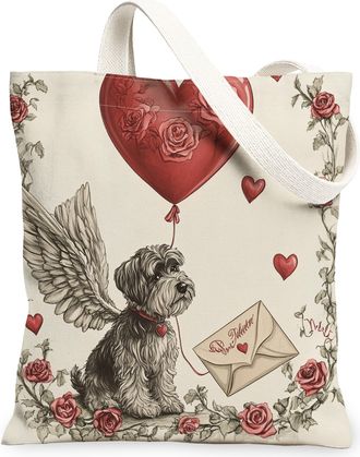 Generic Valentines Day Shih Tzu Dog Canvas Tote Bag for Shopping 13x15, Vintage Puppy Reusable Grocery Print Bag for Women, Retro Lover Beach Aesthetic Painti