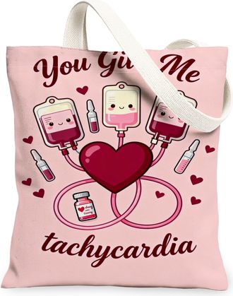 Generic Cute Peach Canvas Tote Bags, Heartbeat Graphic Design Reusable Grocery Bags, Fun Vintage Cartoon Lightweight Washable Shoul, Peach, 13x15 Inch