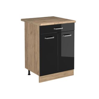 Vicco Mueble Bajo De Cocina R-line, Negro Brillo Intenso/roble Dorado, 60 Cm Con Caj&oacute;n Encimera Roble Dorado, Vicco