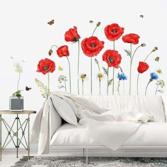 OEM Vinilo Decorativo De Amapola Roja, Vinilo Decorativo De Mariposa Y Flor, Decoraci&oacute;n De Pared Para Dormitorio, Sala De Estar, Habitaci&oacute;n Infantil, Ofic
