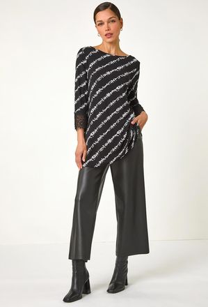 Roman Spot Stripe Lace Trim Stretch Top