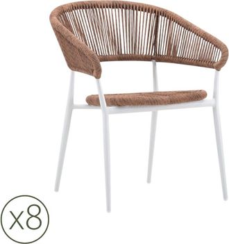 Kerama Pack de 8 sillas de jardin de aluminio blanco y cuerda marr&oacute;n