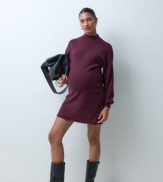 Vero Moda vestito mini in maglia con collo a imbuto bordeaux-Nero