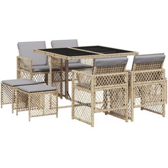 vidaXL Vidaxl - Set Comedor De Jard&iacute;n 9 Pzas Con Cojines Rat&aacute;n Sint&eacute;tico Beige