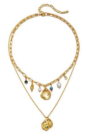 Sequin Sirena Seashell & Freshwater Pearl Layered Pendant Necklace in Multi/Gold at Nordstrom