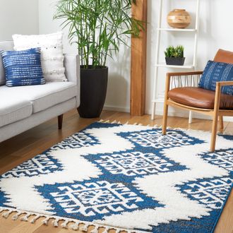 Safavieh Moroccan Tassel Shag Area Rug, Navy / Ivory Bohemian Style Non-Shedding