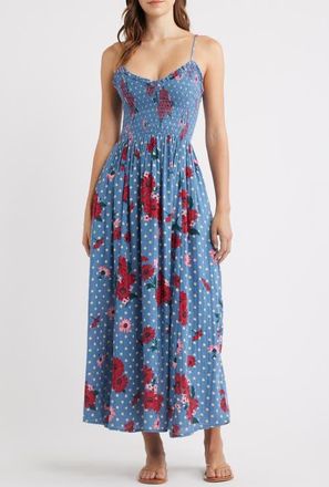 Free People Sweet Nothings Floral Print Sleeveless Maxi Sundress in Blue Combo at Nordstrom, Size X-Small