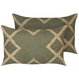 Beliani Conjunto De 2 Cojines De Yute Verde Oliva Beige 30 X 50 Cm A Mano Geom&eacute;trico Gopi