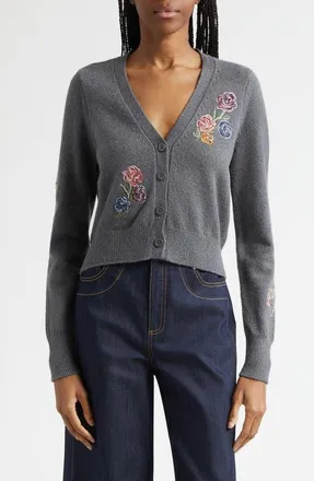 Cinq &agrave; Sept Nikko Floral Ribbons Cotton Blend Cardigan in Dark Grey at Nordstrom, Size Xx-Small