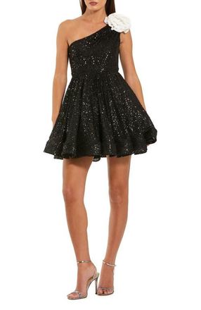 Mac Duggal One Shoulder Sequin Mini Dress With 3D Flower in Black Ivory at Nordstrom, Size 10
