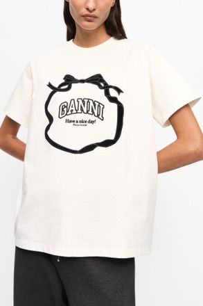 Ganni White Ivory Relaxed Bow T-shirt - Size S Organic Cotton