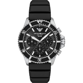 Emporio Armani World Explorer Solar Chronograph Silicone Strap Watch, 43.5mm in Black at Nordstrom