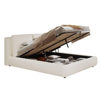 STILVORA Cama Con Almacenamiento En Boucl&eacute;, Cama Doble Con Cabecero Inclinado, Sin Colch&oacute;n, Beige