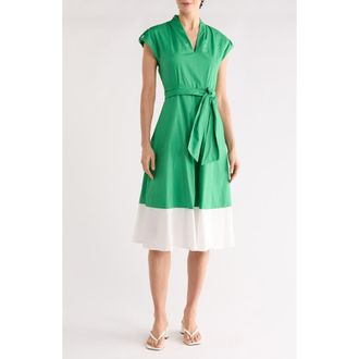 Vince Camuto Colorblock Cap Sleeve Cotton Poplin Midi Dress in Green at Nordstrom Rack, Size 10