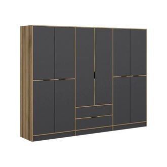 Dmora Armario Grande Gaspard, Dormitorio 5 Estantes, Perchero, 2 Cajones, 277x208h Cm Negro Y Nogal Y Nogal Antracita
